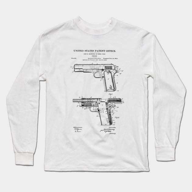 Firearm Colt 1911 Patent Black Long Sleeve T-Shirt by Luve